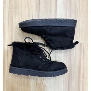 Womens Black Faux Fur Lined Lace-Up Ankle Boots With Chunky Sole Size 9